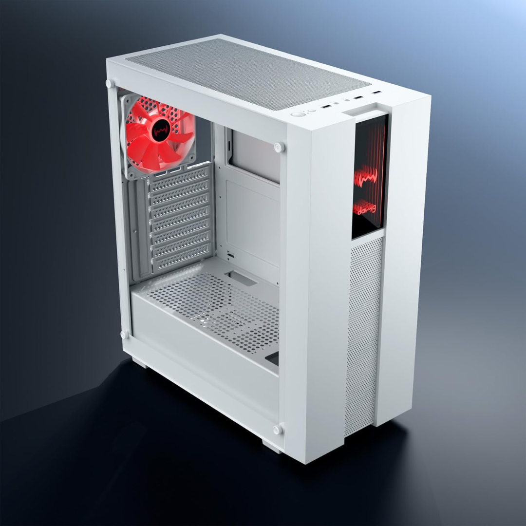 V SERIES 350 CABINET- DAWG-WHITE (1) daWg V Series 350 Mid-Tower Gaming Cabinet (White) – 3 Multicolor Fans, Tempered Glass - Image 1
