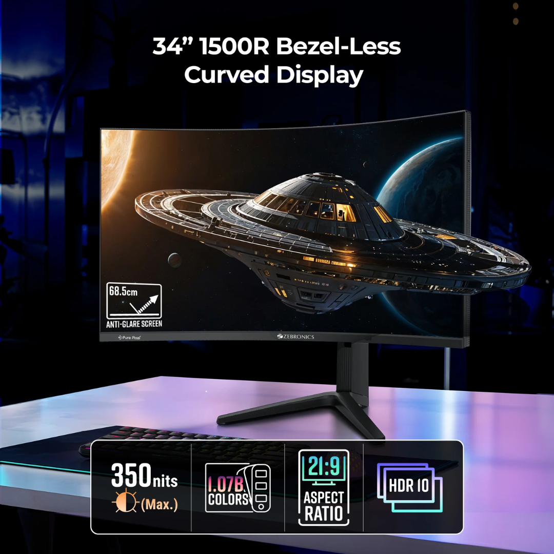 ZEB 34 MONITOR (1) ZEBRONICS ZEB-N34A 34” Ultrawide Curved Gaming Monitor (180Hz) - Image 1